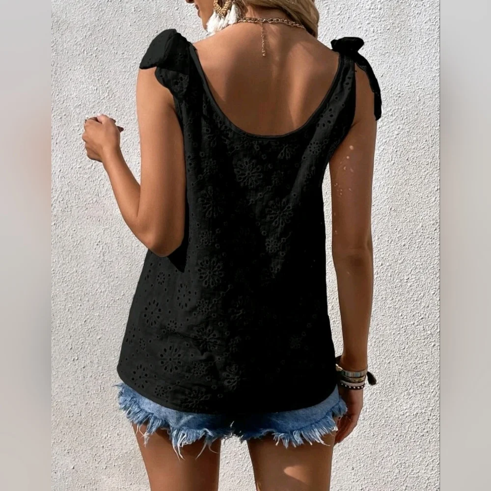 NEW Boho Embroidered Eyelet Lace Tie Top Blouse Black - Picture 4 of 8